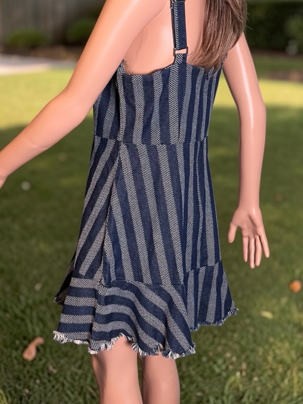 Umgee NWT Denim Stripe Mini Dress L Frayed Hem Boho Summer Adjustable Straps - Picture 7 of 9